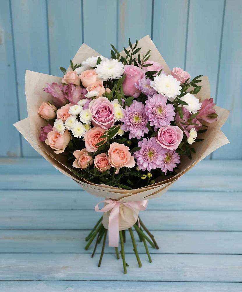 Букет цветов из: Хризантемы, Розы и Альстромерии в Плавске