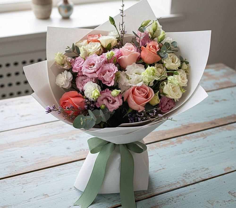 Букет цветов из: Розы, Лизиантусы и Гвоздики в Плавске