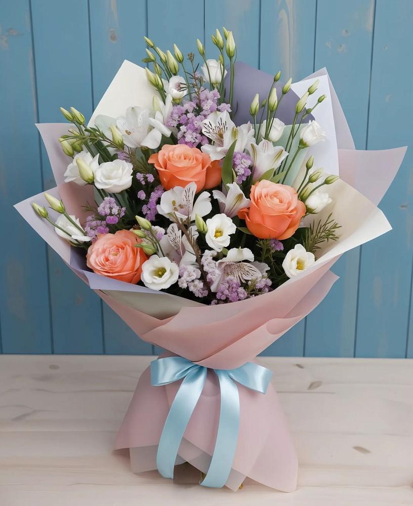 Букет цветов из: Лизиантусы, Розы, Альстромерии и Гипсофила в Плавске