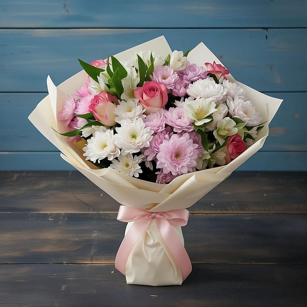 Букет цветов из: Хризантемы, Альстромерии и Розы в Плавске